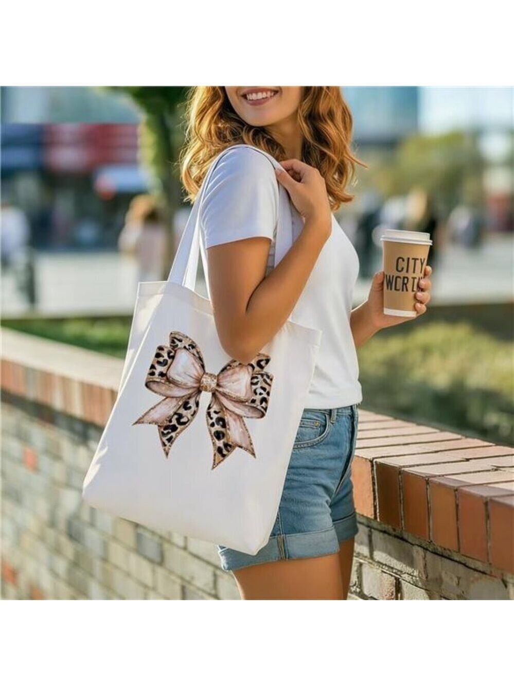 Reusable Canvas Shoulder Bag with Leopard Bow Graphic Design